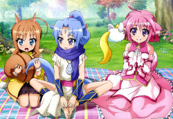 Rule 34 | 10s, 3girls, :o, absurdres, ahoge, animal ear fluff, animal ears, anklet, bare legs, bare shoulders, barefoot, blanket, blue eyes, blue hair, blush, bow, bowtie, brown hair, bush, butterfly sitting, day, detached sleeves, dog days, dog ears, dog girl, dog tail, dress, feet, feet together, flat chest, flower, flying, forehead jewel, gem, glass, gloves, grass, halterneck, hands on feet, happy, high ponytail, highres, holding, holding another&#039;s tail, holding own tail, holding with tail, horse ears, horse girl, horse tail, indian style, jewelry, kneehighs, kneeling, kuberu e pastillage, leg warmers, legs, light smile, long dress, long hair, long skirt, looking at another, looking at viewer, millhiore f. biscotti, multiple girls, nature, necklace, non-web source, nyantype, official art, open mouth, outdoors, own hands together, parted bangs, pendant, pink hair, plaid, ponytail, prehensile tail, purple eyes, ring, sash, scan, scarf, seiza, sharu (dog days), short hair, side slit, sidelocks, sitting, skirt, smile, socks, spread legs, squirrel ears, squirrel tail, surprised, tail, toeless legwear, toes, tree, turtleneck, vambraces, wariza, wavy hair, white gloves, white legwear