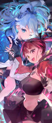 Rule 34 | 2girls, absurdres, amana (pocketkey), black gloves, black skirt, black tube top, blue hair, blue jacket, blue nails, breasts, cleavage, cropped jacket, fingerless gloves, gloves, highres, hololive, hololive indonesia, houshou marine, iii (hololive), jacket, kobo kanaeru, large breasts, looking at viewer, multicolored jacket, multiple girls, nail polish, one eye closed, open mouth, red eyes, red hair, red jacket, skirt, smile, strapless, tube top, two-tone jacket, virtual youtuber, yellow eyes