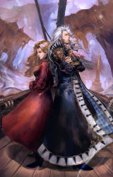 1990s_(style) 1boy 1girl argyle back-to-back blonde_hair crossed_arms darill earrings closed_eyes final_fantasy final_fantasy_vi highres jewelry long_coat long_hair profile prow ruins scarf setzer_gabbiani shaharkem ship watercraft white_hair wooden_floor
