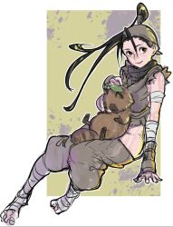 Rule 34 | 1girl, antenna hair, arm guards, arm wrap, bandaged hand, barefoot, black eyes, black hair, don (street fighter), hip vent, holding, ibuki (street fighter), leaf, leaf on head, leg wrap, ninja, ponytail, scarf, simple background, sitting, sitting on lap, sitting on person, sleeping, sleeping on person, sleeveless, smile, street fighter, street fighter iii (series), tanuki, toeless legwear, toes, wrist wrap, yukke69