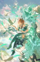 1girl absurdres bare_shoulders bird bird_on_hand book ciaccona_(wuthering_waves) commentary dress frilled_wrist_cuffs frills full_body green_eyes green_jacket hayashikana highres holding holding_pen jacket looking_at_animal multiple_persona open_book outdoors pen pointy_ears red_hair sitting smile thighs tree_horns white_bird white_dress white_wrist_cuffs wrist_cuffs wuthering_waves