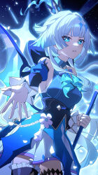 1girl ascot bare_shoulders blue_ascot blue_dress blue_eyes blue_skirt breasts bright_pupils cerydra_(honkai:_star_rail) commentary cowboy_shot detached_sleeves dress grey_hair hair_intakes hair_ornament highres holding honkai:_star_rail honkai_(series) looking_at_viewer making-of_available medium_breasts medium_hair multicolored_hair offering_hand parted_lips revision signature skirt so_zei_tama_tama solo streaked_hair thighs white_pupils