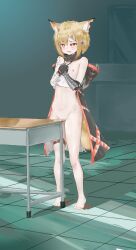 1girl absurdres animal_ear_fluff animal_ears arknights armor bandaged_arm bandages bare_shoulders barefoot black_gloves blonde_hair bottomless chinese_commentary commentary_request crotch_rub desk drooling feet female_masturbation flat_chest full_body gauntlets gloves groin hair_ornament hairclip heart heart-shaped_pupils highres ke&#039;ai_de_ri_bao looking_ahead masturbation material_growth navel nipples oripathy_lesion_(arknights) own_hands_together pussy pussy_juice school_desk short_hair single_gauntlet solo standing stomach symbol-shaped_pupils table table_humping tail toes vermeil_(arknights)