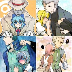 Rule 34 | 4boys, 4girls, ?, air (visual novel), arm wrap, big bang beat, black skin, blonde hair, blue bow, blue eyes, blue hair, blush, bow, braid, brown hat, carrying, chain, circled 9, cirno, closed eyes, coat, colored skin, crossover, dai (series), daibanchou, gakuran, grey hair, hair bow, hat, height difference, hisui (tsukihime), izayoi sakuya, jacket, jacket on shoulders, jojo no kimyou na bouken, kamio misuzu, kuroneko (44yen), kuujou joutarou, m.u.g.e.n, maid, maid headdress, melty blood, multiple boys, multiple crossover, multiple girls, nrvnqsr chaos, princess carry, q (street fighter), rain, school uniform, smile, spoken question mark, stardust crusaders, touhou, trench coat, tsukihime, twin braids, yamamoto burai