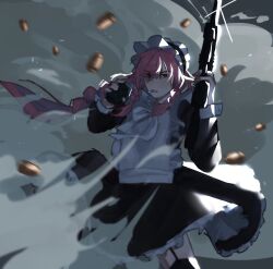 Rule 34 | 1boy, alternate costume, androgynous, animification, apron, bishounen, black dress, braid, braided ponytail, bullet, commentary, cowboy shot, crossdressing, crossdressing (mtf), dress, english commentary, enmaided, explosive, front braid, grenade, gun, hair between eyes, hairband, highres, holding, holding grenade, holding gun, holding weapon, humanization, jelly (jelllios1), lolita hairband, long hair, looking at viewer, maid, male focus, male maid, meme, minecraft youtube, pink hair, pointy ears, red eyes, solo, standing, technoblade, technomaid (meme), variant set, very long hair, weapon, white apron