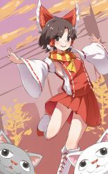 1girl benikurage_(cookie) blush boots bow breasts brown_eyes brown_hair cat commentary_request cookie_(touhou) detached_sleeves foot_out_of_frame frilled_bow frilled_hair_tubes frills grey_cat hair_bow hair_tubes hakurei_reimu highres leg_up looking_at_viewer manatsu_no_yo_no_inmu miura_cat open_mouth orange_scarf outstretched_arms parted_bangs pleated_skirt red_bow red_shirt red_skirt ribbon-trimmed_sleeves ribbon_trim scarf shirt short_hair skirt sleeveless sleeveless_shirt small_breasts smile soyo1558686 touhou white_cat white_footwear yellow_scarf
