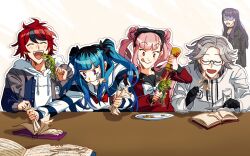 Rule 34 | 2boys, 3girls, ^ ^, ahoge, amemiya darumi, animatingcat, aotsuki eito, black bow, black gloves, black hair, black hairband, black sailor collar, black streaks, blue hair, blue jacket, book, bow, closed eyes, dead animal, double bun, drawstring, eating, facial mark, fork, frog, glasses, gloves, grey hair, grey jacket, hair bow, hair bun, hairband, hashtag-only commentary, heart, heart facial mark, highres, holding, holding fork, holding knife, holding paper, holding skewer, hood, hoodie, imminent bite, jacket, jacket over hoodie, knife, long hair, makeup, multicolored hair, multicolored jacket, multiple boys, multiple girls, mustard, mustard bottle, outline, paper, pink eyes, pink hair, plate, purple hair, red eyes, red hair, red serafuku, safety pin, sailor collar, school uniform, serafuku, shaded face, shirt, shizuhara hiruko, short hair, skewer, streaked hair, striped clothes, striped shirt, sumino takumi, the hundred line -last defense academy-, tongue, tongue out, torn book, tsukumo kako, twintails, two-tone jacket, white hoodie, white jacket, white outline