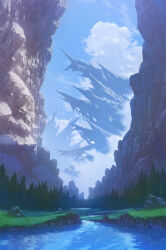 blue_sky cliff cloud cloudy_sky day fantasy forest grass highres lake landscape mountain nature no_humans original outdoors river rock scenery sky stream tree water yamakou_(yamakou_e2)