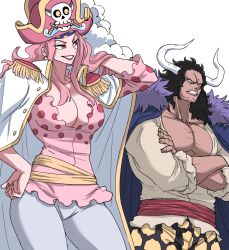 aged_down bicorne black_hair breasts brown_eyes cape charlotte_linlin cleavage crossed_arms curled_horns epaulettes fur-trimmed_cape fur-trimmed_headwear fur_trim grey_pants grey_shirt hat height_difference highres horns kaidou_(one_piece) large_breasts long_hair looking_at_another nasu_(ilo_a5) one_piece oni pants pink_hair pink_shirt purple_cape red_lips shirt tall_female white_cape yellow_eyes yellow_pants
