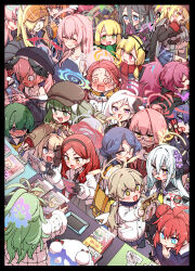 &lt;|&gt;_&lt;|&gt; +_+ 6+girls :d @_@ acrylic_stand_(object) ahoge ako_(blue_archive) animal_ear_headphones animal_ears aris_(blue_archive) azusa_(blue_archive) beret black_border black_hair black_hairband black_hat black_wings blonde_hair blue_archive blue_eyes book border brown_eyes brown_hair brown_hat carrying character_request closed_eyes commentary_request demon_horns demon_tail fake_animal_ears glasses green_eyes green_hair green_scarf grey_eyes grey_hair grin hair_bun hairband halo hanako_(blue_archive) haruka_(blue_archive) hat head_wings headphones hifumi_(blue_archive) highres hitotose_rin holding holding_book horns ibuki_(blue_archive) iroha_(blue_archive) jacket kanna_(blue_archive) koharu_(blue_archive) long_sleeves maki_(blue_archive) makoto_(blue_archive) manga_(object) meru_(blue_archive) midori_(blue_archive) momiji_(blue_archive) momoi_(blue_archive) multiple_girls mutsuki_(blue_archive) newsboy_cap one-piece_swimsuit open_mouth piggyback pink_hair pointy_ears purple_eyes red_hair red_scarf scarf school_uniform sharp_teeth sleeveless smile sweat swimsuit tail takane_(blue_archive) teeth visor_cap wings wolf_ears wolf_girl yakumo_(blue_archive) yellow_bag yellow_eyes