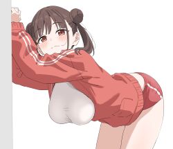 1girl against_wall blush breasts brown_hair buruma closed_mouth commentary_request double_bun hair_bun hanging_breasts highres idolmaster idolmaster_shiny_colors jacket large_breasts leaning_forward long_sleeves looking_at_viewer medium_hair rakushi_(kamekameha222) red_buruma red_eyes red_jacket shirt short_shorts shorts simple_background solo sonoda_chiyoko thighs track_jacket white_background white_shirt