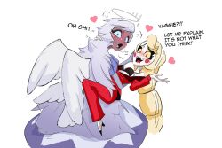 2girls absurdres angel_wings blonde_hair blush blush_stickers charlie_morningstar colored_sclera colored_skin dark-skinned_female dark_skin emily_(hazbin_hotel) english_text fangs grey_hair grimmie02 halo hazbin_hotel heart high_heels highres jacket long_hair multi-tied_hair multiple_girls pants red_eyes red_jacket red_pants shoes simple_background teeth upper_teeth_only white_background white_skin wings yellow_sclera yuri