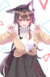 1girl :d absurdres amekawa_setsu animal_ear_fluff animal_ears black_hair black_nails black_skirt braid brown_eyes cardigan claw_pose crossed_bangs hair_ornament hairclip halterneck highres hololive jewelry light_blush long_hair long_skirt lower_teeth_only multicolored_hair necklace ookami_mio ookami_mio_(street) open_cardigan open_clothes open_mouth red_streaks shirt single_braid single_floppy_ear skirt smile solo straight-on streaked_hair teeth upper_body very_long_hair virtual_youtuber white_background white_shirt wolf_ears yellow_cardigan