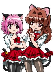 00s 2girls animal_ears bandabekken bell bow bronze_parrot brown_hair cat_ears cat_tail crossover female_focus jingle_bell long_hair momomiya_ichigo morino_ichigo multiple_girls name_connection onegai_teacher onegai_twins pantyhose pink_eyes pink_hair red_eyes short_hair simple_background tail tail_bell tail_ornament tokyo_mew_mew waitress white_background