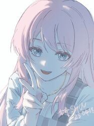 1girl bang_dream! bang_dream!_it&#039;s_mygo!!!!! chihaya_anon commentary dated dress grey_dress grey_eyes highres hskwshuu long_hair looking_at_viewer looking_back open_mouth pinafore_dress pink_hair plaid_clothes plaid_dress simple_background sleeveless sleeveless_dress solo teeth upper_body upper_teeth_only white_background