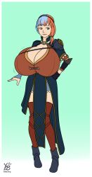 1girl blue_hair breasts cleavage female_focus fire_emblem fire_emblem:_three_houses flat_color fusion gigantic_breasts hand_on_own_hip heterochromia highres leonie_pinelli marianne_von_edmund multicolored_hair nintendo orange_hair short_hair simple_background skindentation solo two-tone_hair ydbunny