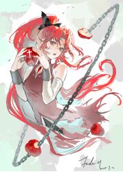 Rule 34 | 1girl, absurdres, apple, bare shoulders, beyourr, bow, chain, cross, detached sleeves, dress, food, fruit, gem, hair bow, high ponytail, highres, holding, holding food, holding fruit, long hair, looking at viewer, mahou shoujo madoka magica, mahou shoujo madoka magica (anime), open mouth, ponytail, red dress, red eyes, red gemstone, red hair, sakura kyoko, sakura kyoko (magical girl), signature, sleeveless, sleeveless dress, solo, upper body, white background