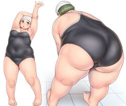 1girl armpits arms_up ass back bent_over breasts brown_eyes butt_crack cameltoe cleavage covered_navel fat fat_woman from_behind green_hair huge_ass leaning_forward medium_breasts multiple_views one-piece_swimsuit open_mouth original orizen plump shower_cap solo standing stretching swimsuit thick_arms thick_thighs thighs white_background