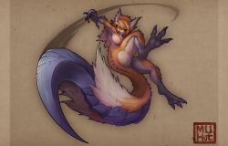 1girl blue_scales brown_background brown_fur brown_hair claws closed_mouth colored_sclera digitigrade fangs fangs_out fewer_digits glowing glowing_eyes hair_ears hand_up highres izuchi knee_up long_hair looking_at_viewer monster_girl monster_hunter_(series) monster_hunter_rise muhut multicolored_hair orange_eyes orange_fur orange_hair orange_sclera personification scales slit_pupils streaked_hair tongue tongue_out two-tone_hair uneven_eyes