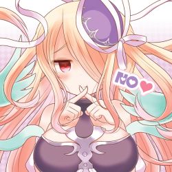 1girl bad_id bad_pixiv_id bare_shoulders blush breasts dress female_focus fingers_to_mouth hair_over_one_eye hat hat_ribbon heart large_breasts long_hair meopun_(meopen429) no pandora_(p&amp;d) pink_eyes puzzle_&amp;_dragons ribbon smile solo very_long_hair x_fingers