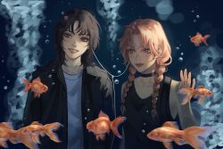 2girls against_glass air_bubble aquarium bag black_choker black_hair black_jacket black_tank_top braid brown_hair bubble choker clip_studio_paint_(medium) commentary earphones english_commentary fish goldfish hand_on_glass highres jacket kininatteru_hito_ga_otoko_ja_nakatta koga_mitsuki light_smile long_hair mole mole_under_eye multiple_girls nyxespa oosawa_aya open_clothes open_jacket orange_eyes orange_hair shared_earphones shirt shoulder_bag smile tank_top twin_braids twintails upper_body white_shirt