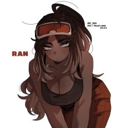 1girl absurdres black_shirt brown_hair dark-skinned_female dark_skin goggles goggles_on_head highres leaning_forward limbus_company long_hair looking_at_viewer multicolored_hair ny_000a orange_pants pants ponytail project_moon ran_(project_moon) shirt simple_background sleeveless sleeveless_shirt solo streaked_hair white_background