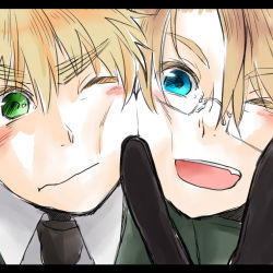 2boys america_(hetalia) axis_powers_hetalia az0212 bad_id bad_pixiv_id blonde_hair blue_eyes glasses gloves highres letterboxed military military_uniform multiple_boys united_kingdom_(hetalia) v