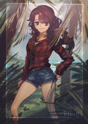 1girl absurdres brown_hair feh_xeri ffion highres long_sleeves mabinogi ocean outdoors plaid_clothes red_eyes scarf shorts smile