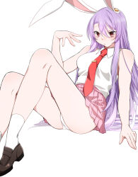1girl absurdres animal_ears blush breasts brown_shoes closed_mouth collared_shirt foot_out_of_frame highres loafers long_hair looking_at_viewer medium_breasts miniskirt necktie panties pantyshot pink_skirt pleated_skirt purple_hair rabbit_ears rabbit_girl red_eyes red_necktie reisen_udongein_inaba shirt shoes simple_background sitting skirt sleeveless sleeveless_shirt socks solo touhou underwear very_long_hair white_background white_panties white_shirt white_socks yukina_(masyumaro610)