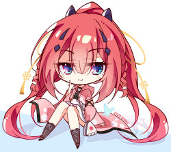 1girl 2025 arm_at_side bag blue_eyes blunt_bangs blush_stickers boots braid brown_boots center-flap_bangs character_name cherry_blossom_print chibi chibi_only closed_mouth commentary_request dated eyelashes floral_print floral_print_kimono full_body hair_ornament hairclip hand_up handbag highres hood hood_down hooded_kimono index_finger_raised japanese_clothes kamiyama_shiki kimono knees_together_feet_apart lace-up_boots long_hair looking_at_viewer mikuyaa39 open_clothes open_kimono pink_kimono ponytail print_kimono red_hair sailor_collar school_uniform serafuku shadow simple_background sitting smile solo split_mouth summer_pockets summer_pockets_school_uniform tassel tassel_hair_ornament twin_braids very_long_hair white_background white_sailor_collar white_serafuku