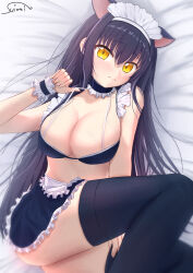 1girl absurdres adapted_costume animal_ears bed_sheet bikini bikini_skirt bikini_top_pull black_bikini black_hair black_thighhighs breasts capelet cat_ears choker cleavage closed_mouth commentary_request feet_out_of_frame frilled_bikini frilled_capelet frilled_choker frills highres kushima_kamome large_breasts long_hair looking_at_viewer lying maid maid_bikini maid_headdress on_back signature solo suimei_(ramebi3) summer_pockets swimsuit thighhighs thighs unconventional_maid yellow_eyes