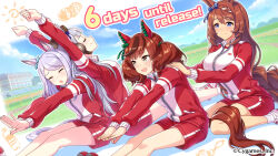 4girls animal_ears arms_up blue_sky breasts brown_hair building closed_eyes closed_mouth cloud commentary company_name copyright_notice cygames drink ear_covers english_commentary english_text gold_ship_(umamusume) green_ribbon grey_hair hair_between_eyes hair_ornament hair_ribbon highres horse_ears horse_girl horse_tail jacket large_breasts long_hair long_sleeves looking_at_another mejiro_mcqueen_(umamusume) mountain multicolored_hair multiple_girls nice_nature_(umamusume) official_art open_hands open_mouth outdoors plastic_bottle purple_hair raised_inner_eyebrows red_track_suit ribbon shadow shoes shorts sitting sky small_breasts socks stretching super_creek_(umamusume) sweatdrop tail thighs tracen_training_uniform track_jacket track_suit twintails umamusume white_socks zipper