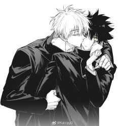 2boys arm_on_another&#039;s_shoulder artist_name closed_eyes closed_mouth colored_eyelashes dirty dirty_face eyelashes front-to-back fushiguro_megumi gojou_satoru green_eyes greyscale handkerchief high_contrast holding holding_handkerchief jujutsu_kaisen jujutsu_tech_uniform kaicggo kiss kiss_day kissing_cheek long_sleeves male_focus monochrome multiple_boys popped_collar profile short_hair simple_background spiked_hair surprise_kiss surprised u_u upper_body very_short_hair watermark weibo_watermark white_background wide-eyed wiping_face yaoi