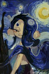 Rule 34 | blue hair, capelet, cowboy shot, earrings, fine art parody, from behind, hachimaki, hair over one eye, headband, jewelry, looking at viewer, looking back, manma 628, moon, night, night sky, nintendo, parody, shiver (deep cut outfit) (splatoon), shiver (splatoon), sky, smile, splatoon (series), splatoon 3, starry night, starry night (van gogh), tentacle hair, twisted torso