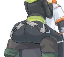 1boy 1girl ass ass_focus black_bodysuit black_jacket black_pants bodysuit commentary djames eunie_(xenoblade) girl_on_top green_hoodie head_out_of_frame hetero hood hoodie implied_kiss jacket long_sleeves pants simple_background sitting sitting_on_person straddling taion_(xenoblade) white_background white_jacket xenoblade_chronicles_(series) xenoblade_chronicles_3