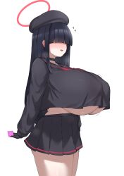 1girl absurdres alternate_breast_size black_choker black_hair black_headwear black_shirt black_skirt blue_archive blunt_bangs breasts choker condom condom_wrapper covered_erect_nipples covered_eyes faceless faceless_female flying_sweatdrops gigantic_breasts hair_over_eyes halo hat highres justice_task_force_member_(blue_archive) long_bangs long_hair miniskirt noe_(ppppriver) open_mouth pleated_skirt school_uniform shirt shirt_overhang simple_background skirt underboob white_background