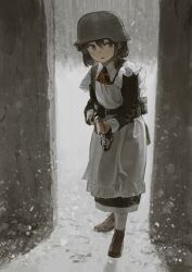 Rule 34 | 1girl, absurdres, apron, black dress, bolt action, brown footwear, brown hair, combat helmet, dress, forest, garoppui, green eyes, gun, helmet, highres, holding, holding weapon, maid, maid apron, mauser 98, nature, original, rifle, snow, snowing, solo, stahlhelm, standing, weapon, white apron