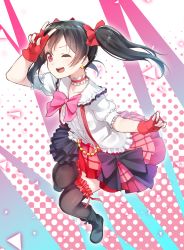 10s 1girl ;d black_boots black_bow black_hair black_skirt black_thighhighs blush bokura_wa_ima_no_naka_de boots bow bowtie collar earrings female_focus fingerless_gloves frilled_collar frilled_shirt_collar frills full_body gloves hair_bow highres idol jewelry layered_skirt looking_at_viewer love_live! love_live!_school_idol_project making-of_available multicolored_skirt ninnzinn one_eye_closed open_mouth pink_bow pink_bowtie puffy_short_sleeves puffy_sleeves red_bow red_eyes red_gloves red_skirt short_sleeves skirt smile solo thighhighs twintails v yazawa_nico