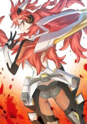 1girl amou_kanade artist_request ass butt_crack highres looking_at_viewer red_hair senki_zesshou_symphogear smile source_request tagme weapon
