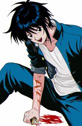 1boy absurdres black_eyes black_hair bleeding blood blood_on_ground boxcutter cuts gakuran guro highres injury looking_at_viewer male_focus open_mouth randal&#039;s_friends school_uniform self-harm shirt short_hair simple_background sitting solo tsukada_satoru uri_ka55 white_background white_shirt