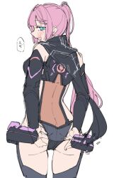 Rule 34 | 1girl, :d, adjusting clothes, anyoji hime, ass, bare shoulders, black cape, blush, breasts, cape, commentary, cosplay, from behind, highres, link! like! love live!, liz (piyoko piyop), long hair, looking at viewer, looking back, love live!, median furrow, medium breasts, official alternate costume, ongeki, open mouth, pink hair, ponytail, profile, simple background, smile, solo, speech bubble, takase rio, takase rio (cosplay), translation request, white background