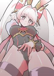 Rule 34 | 1girl, ?, ??, animal ears, black leotard, breasts, clothing aside, cowboy shot, donut hair bun, double bun, duel monster, facial mark, hair bun, heart, heart facial mark, highres, large breasts, leotard, leotard aside, maliss &lt;p&gt; white rabbit, pink hair, rabbit ears, simple background, solo, twintails, urasuka, white background, yu-gi-oh!