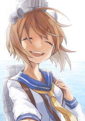 1girl blue_sailor_collar breasts brown_hair closed_eyes commentary_request dress facing_viewer headgear kantai_collection long_sleeves looking_at_viewer mogamiya_honu neckerchief open_mouth rigging sailor_collar sailor_dress short_hair small_breasts solo upper_body water yellow_neckerchief yukikaze_(kancolle)