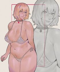 1girl arm_behind_back bikini blonde_hair breasts choker cleavage dungeon_meshi falin_touden female_pubic_hair happy_trail jewelry ksooupart large_breasts lips navel pendant pendant_choker plump pubic_hair pubic_hair_peek short_hair side-tie_bikini_bottom smile solo standing swimsuit white_bikini yellow_eyes