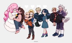 4boys 4girls android_18 bald barefoot black_hair bleeding blonde_hair blood blood_on_clothes blue_eyes boots carrying couple crossover denim denim_skirt denim_vest diamond_wa_kudakenai dorohedoro dougi dragon_ball dragonball_z drill_hair eye_contact formal_clothes glasses greg_universe height_difference highres hirose_koichi husband_and_wife jeans jojo_no_kimyou_na_bouken ka_ji kuririn looking_at_another multiple_boys multiple_crossover multiple_girls noi_(dorohedoro) pants pink_hair prehensile_hair princess_carry reverse_princess_carry rose_quartz_universe school_uniform shin_(dorohedoro) shoes silver_hair skirt smile sneakers star_(symbol) star_print steven_universe suit trait_connection yamagishi_yukako