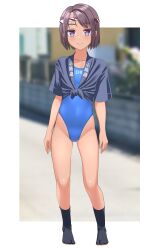 1girl absurdres barefoot black_socks blue_eyes blue_hair blue_one-piece_swimsuit commentary_request competition_swimsuit covered_navel day full_body grey_shirt hachimaki happi headband highleg highleg_one-piece_swimsuit highres japanese_clothes nejiri_hachimaki one-piece_swimsuit original outdoors shirt short_hair sky socks solo standing swimsuit tabi takafumi tan