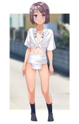 1girl absurdres barefoot black_hair black_socks blue_eyes commentary_request covered_navel day full_body fundoshi happi highres japanese_clothes one-piece_tan original outdoors shirt short_hair sky socks solo standing tabi takafumi tan tanline tied_shirt white_happi