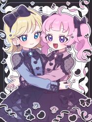 :d ahoge aozora_himari black_bow black_bowtie black_dress blonde_hair blue_brooch blue_dress blue_eyes blue_gemstone blush bow bowtie commentary cowboy_shot dot_nose dress earrings frills gem grid_background hair_bow hand_on_another&#039;s_back highres himitsu_no_aipri hoshikawa_mitsuki hug jewelry long_sleeves looking_at_another medium_dress medium_hair milcho_(milcho222) open_mouth outline pink_brooch pink_dress pink_gemstone pink_hair pretty_series purple_eyes see-through_clothes see-through_dress smile straight_hair twintails two-tone_dress wavy_hair white_outline