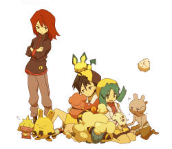 1990s_(style) 1girl 2boys bad_id bad_pixiv_id baseball_cap black_hair blue_hair bukiko cleffa egg elekid ethan_(pokemon) gen_2_pokemon hat hatching igglybuff kris_(pokemon) magby mareep multiple_boys nintendo on_head pichu pokemon pokemon_(creature) pokemon_egg pokemon_gsc pokemon_on_head red_hair retro_artstyle sheep silver_(pokemon) smoochum togepi twintails tyrogue