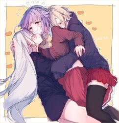 3girls amane_(7783) black_hoodie black_thighhighs blonde_hair blush bow bowtie closed_eyes commentary_request flying_sweatdrops girl_sandwich group_hug hair_over_one_eye hand_on_another&#039;s_head heart highres hood hood_down hoodie hoshi_syoko hug idolmaster idolmaster_cinderella_girls kawaii_boku_to_142&#039;s_(idolmaster) koshimizu_sachiko long_hair long_sleeves multiple_girls purple_hair red_skirt sandwiched shirasaka_koume short_hair simple_background skirt sleeves_past_fingers sleeves_past_wrists smile thighhighs very_long_hair wavy_mouth white_hair yellow_background yellow_bow yellow_bowtie yellow_eyes yuri